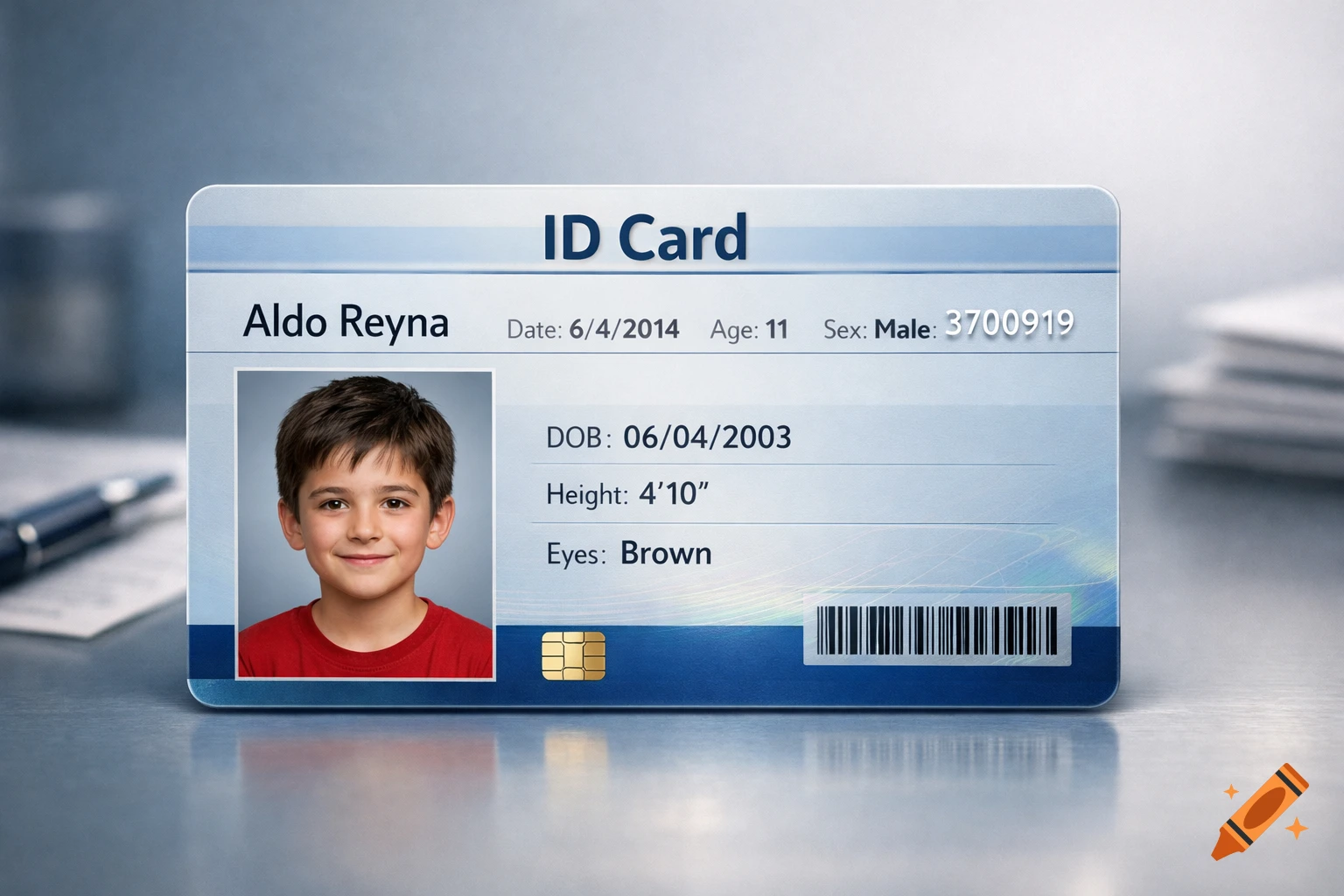 A photorealistic image of an ID card for a boy named Aldo Reyna, age 11, with his smiling portrait.