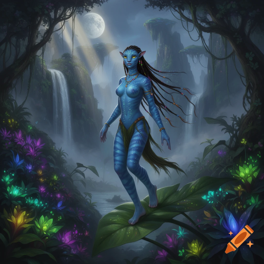 A blue-skinned female Na'vi stands on a large leaf in a vibrant alien jungle with waterfalls and glowing flora under a full moon.