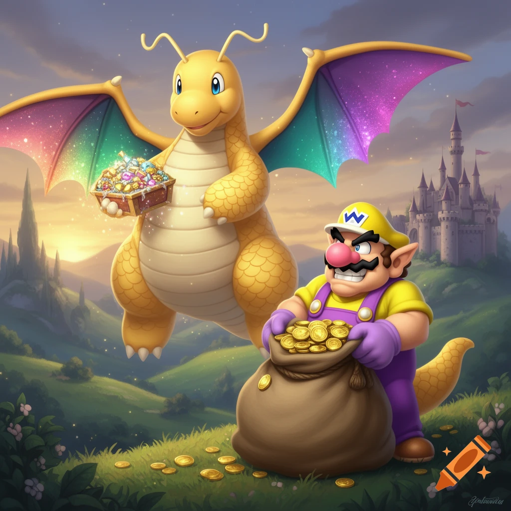 Dragonite holding a treasure chest and Wario with a sack of gold coins in a fantasy landscape with castles.