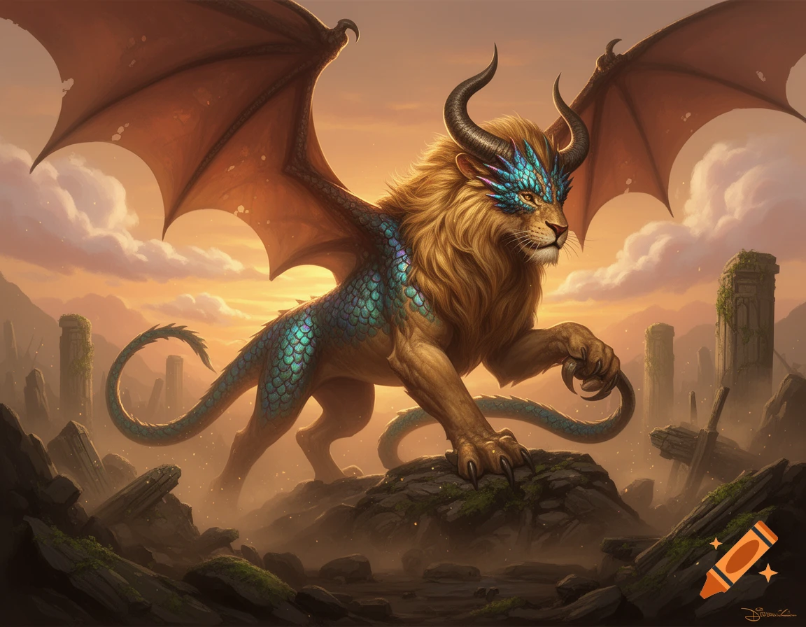 A majestic winged lion-dragon creature with bull horns and blue scales stands on rocks amid ruins at sunset in a fantasy art style.