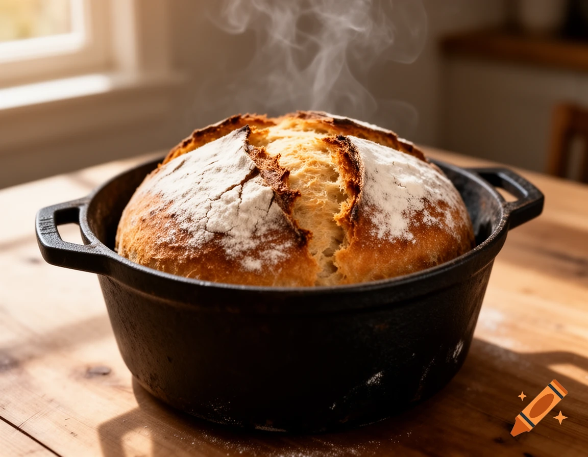 Steaming, freshly baked sourdough bread in a black cast iron pot on a wooden table, bathed in sunlight from a nearby window.