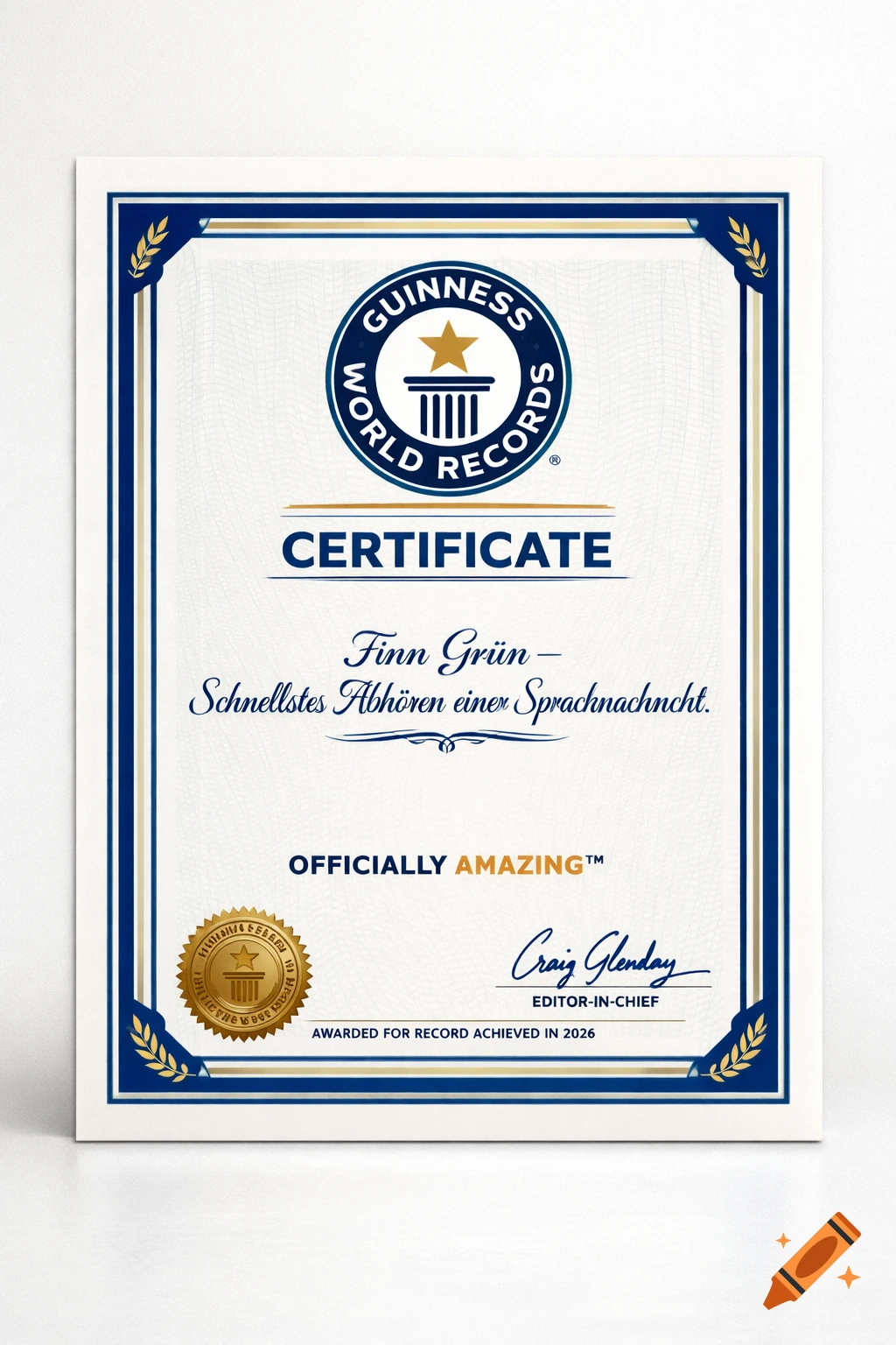 A photorealistic Guinness World Record certificate for Finn Grün, awarded for the fastest listening to a voice message, dated 2026.