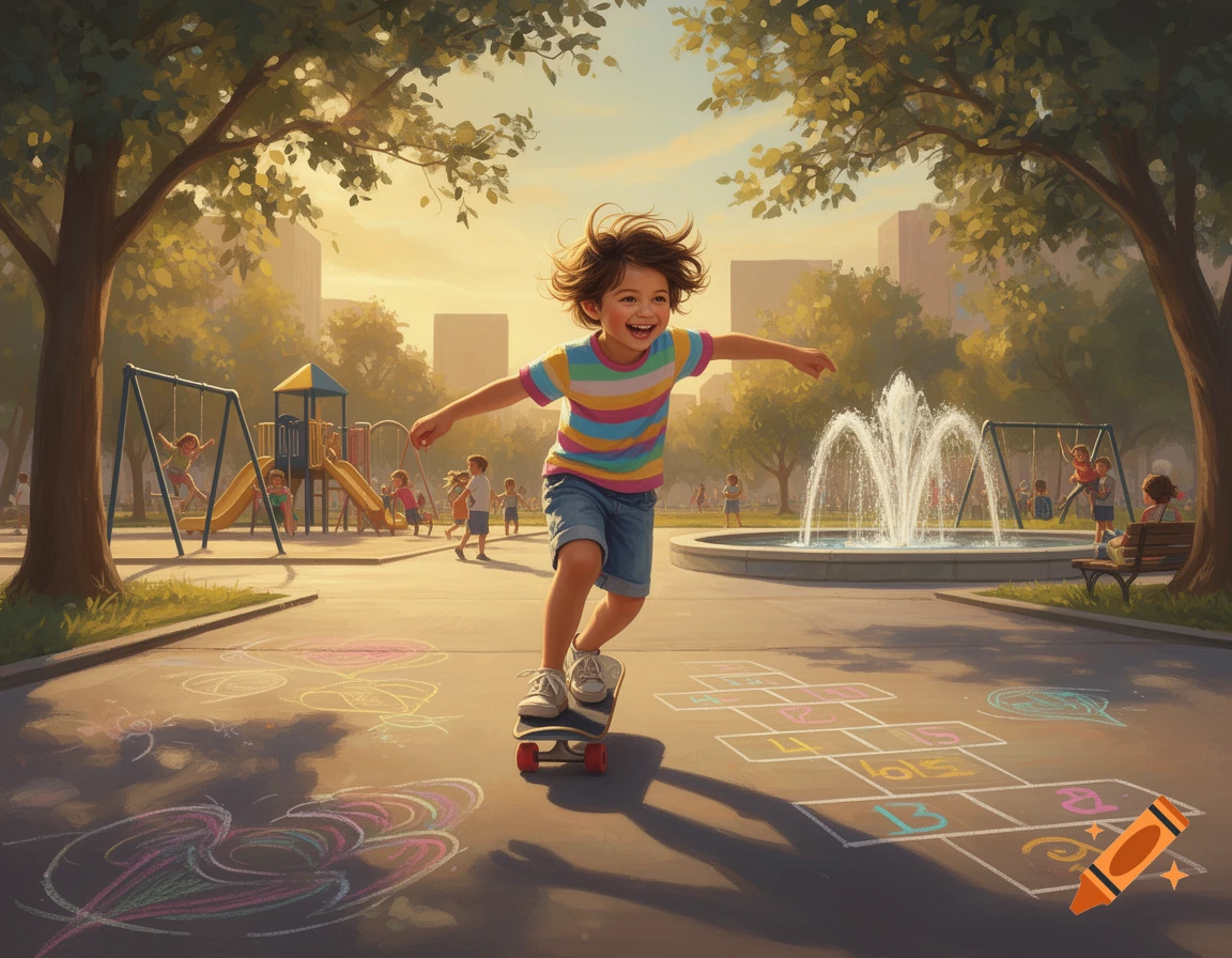 A joyful child on a skateboard speeds through a sunlit park with a fountain and playground, painted in a bright, illustrative style.
