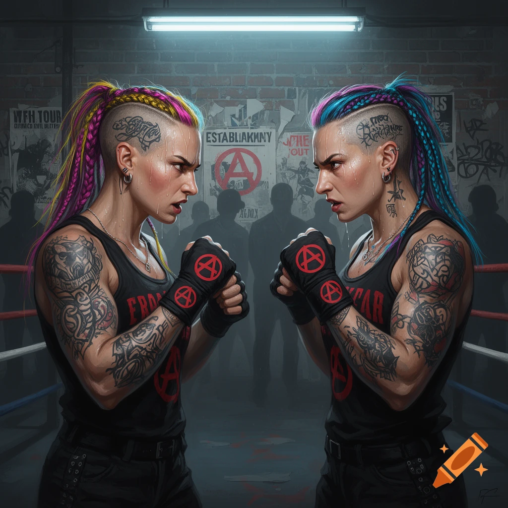 Two tattooed punk women with colorful braided mohawks and boxing gloves face off in a gritty boxing ring.