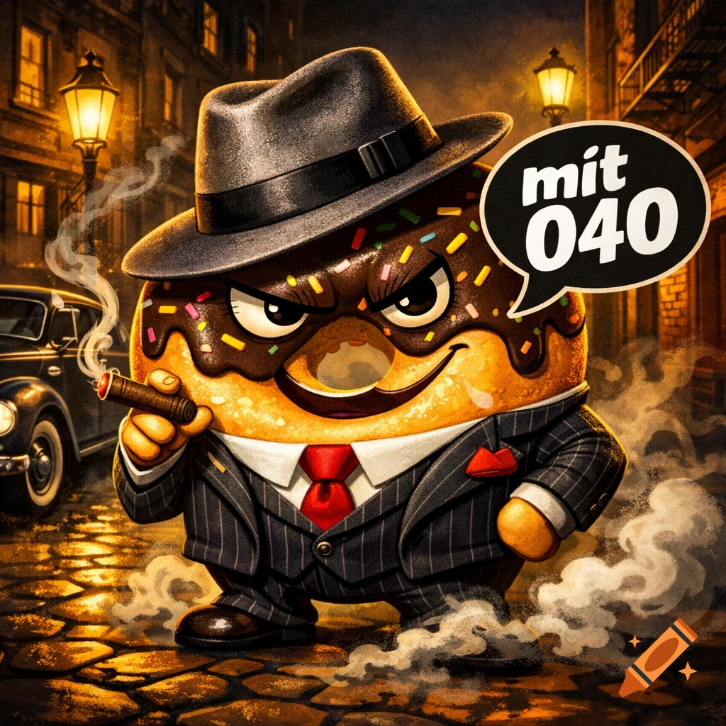 A cartoon gangster donut in a pinstripe suit and fedora smokes a cigar on a dark cobblestone street, with a speech bubble saying 'mit 040'.