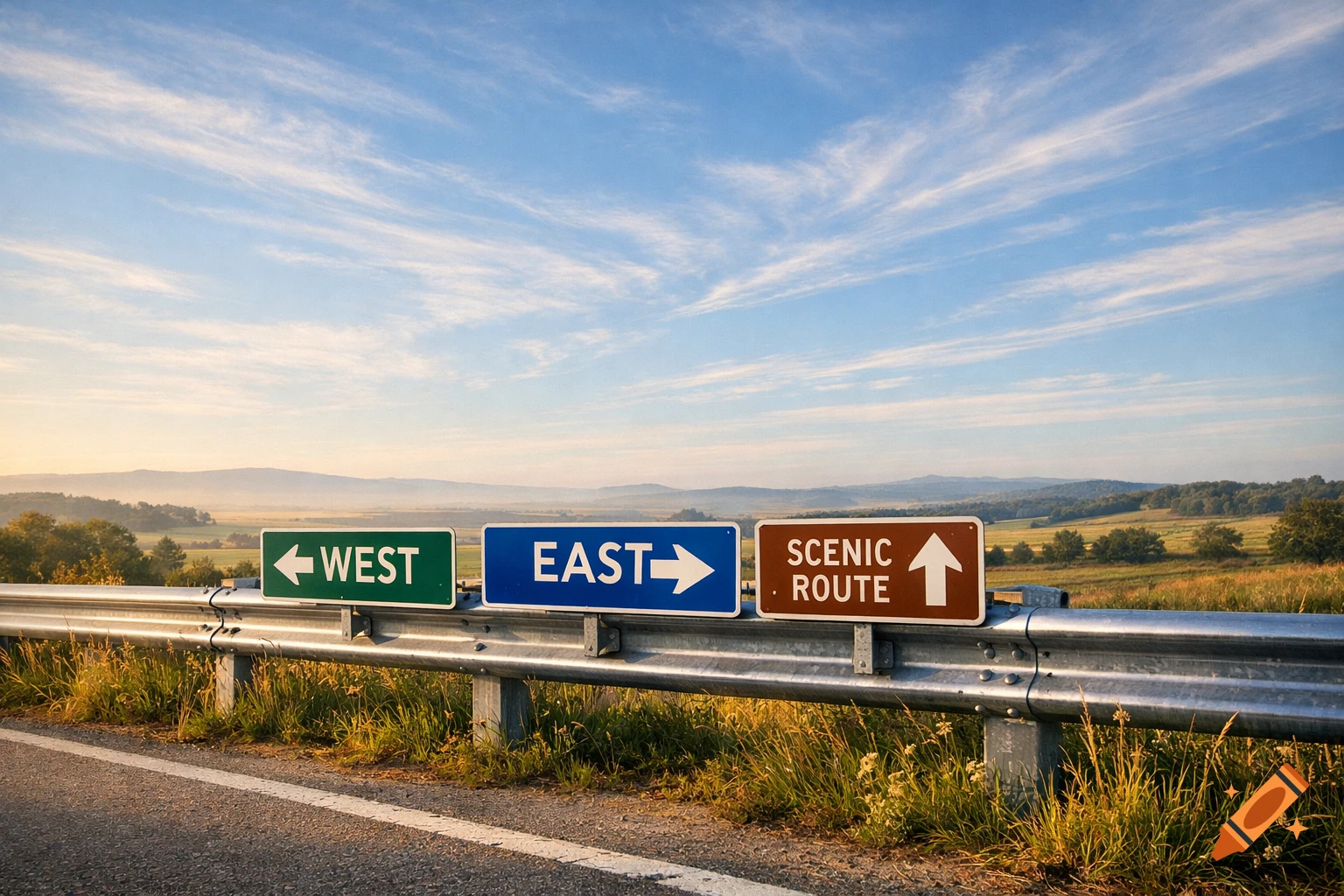 Roadside guardrail with three direction signs pointing to West, East, and Scenic Route, under a blue sky with fields and hills.
