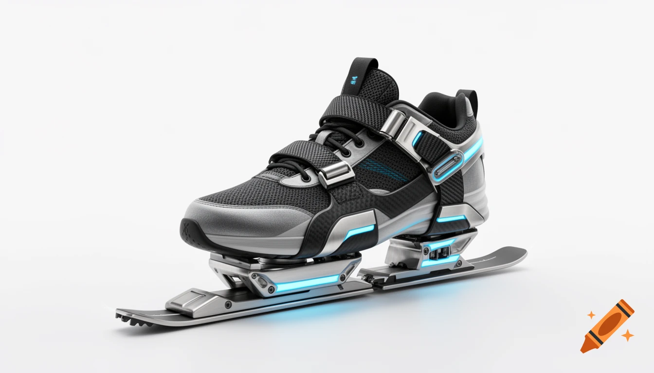 Futuristic black and silver ski and ice skate attachment with glowing blue accents on a modern sneaker.