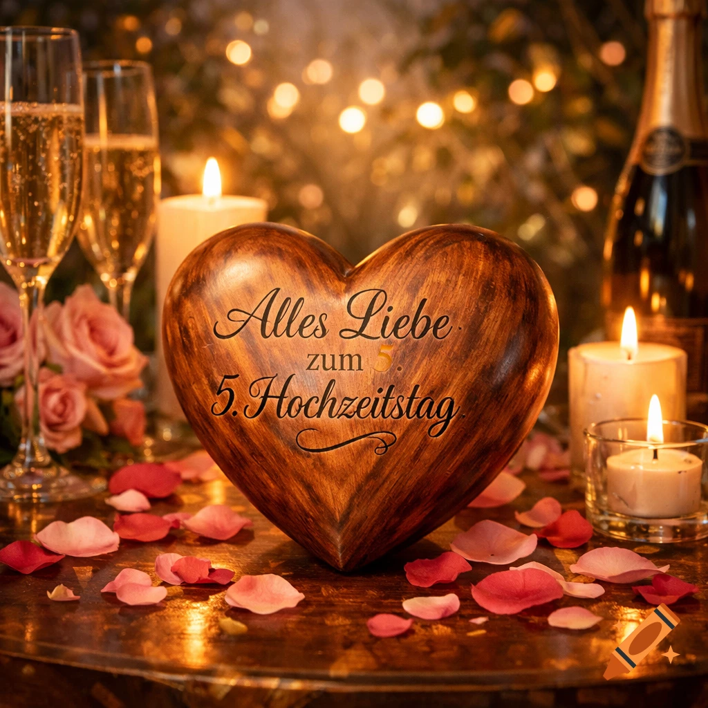 A wooden heart engraved with 'Alles Liebe zum 5. Hochzeitstag' surrounded by romantic candles, champagne, and rose petals.