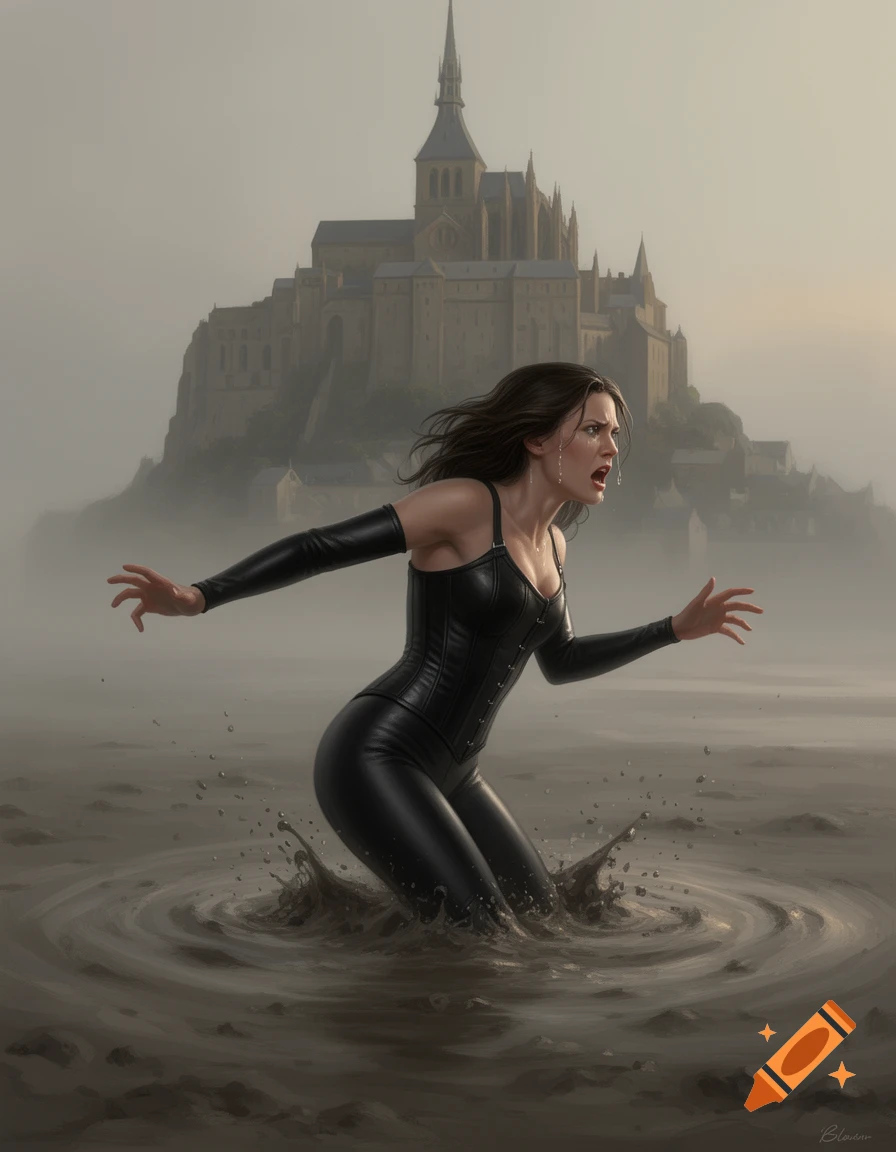 A distressed woman in a black leather outfit sinks in quicksand, with the misty Mont-Saint-Michel castle in the background.