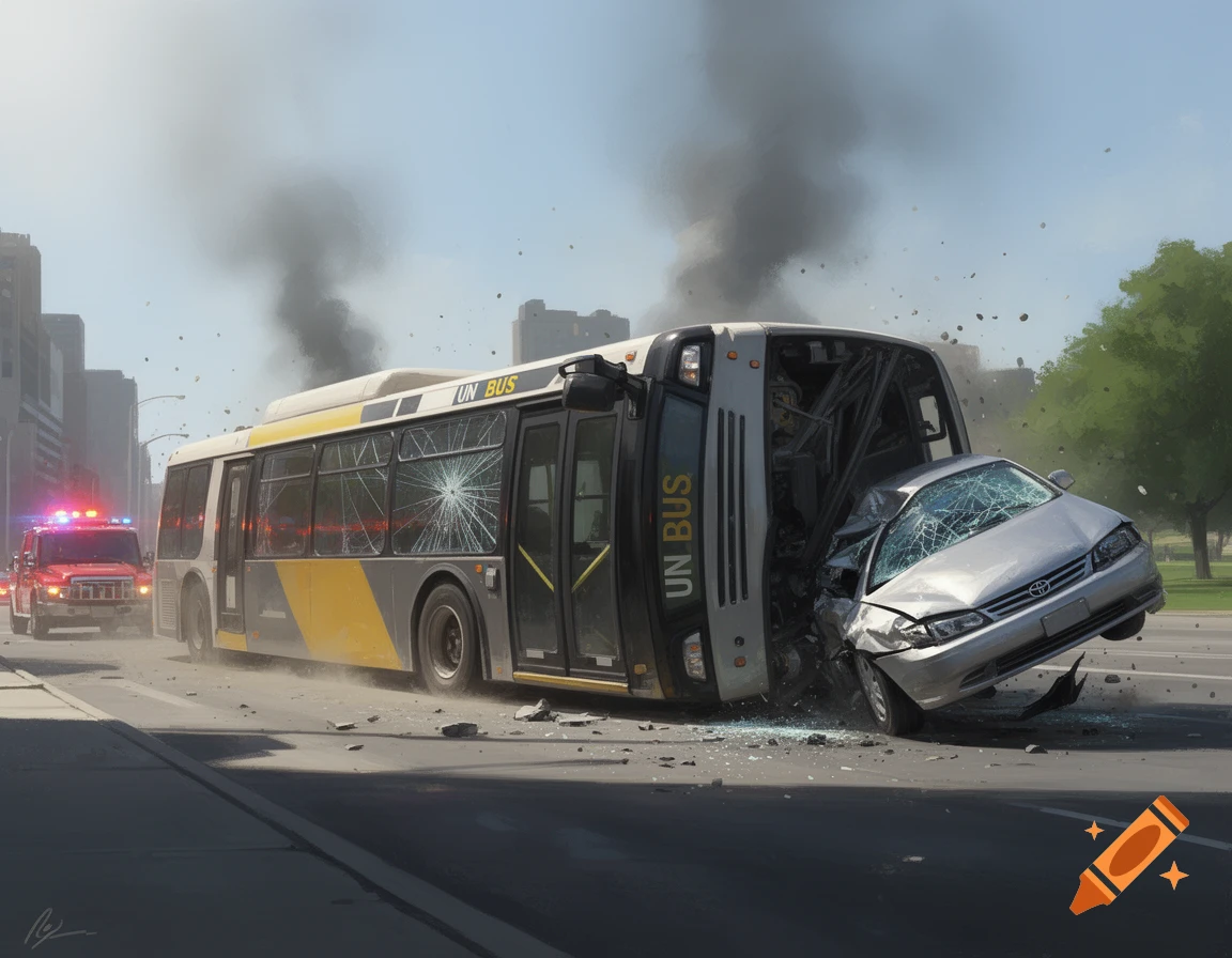A bus and a car crashed in an urban street, with a fire truck in the background and smoke rising from the wreck.
