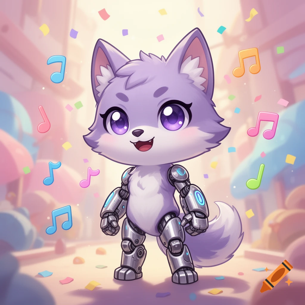 A cute, purple chibi robot fox with large purple eyes, standing amidst colorful confetti and music notes in a whimsical, pastel setting.
