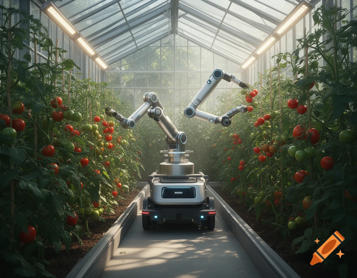 A photorealistic image of a robotic cart with two arms moving along a rail between rows of tomato plants in a greenhouse.