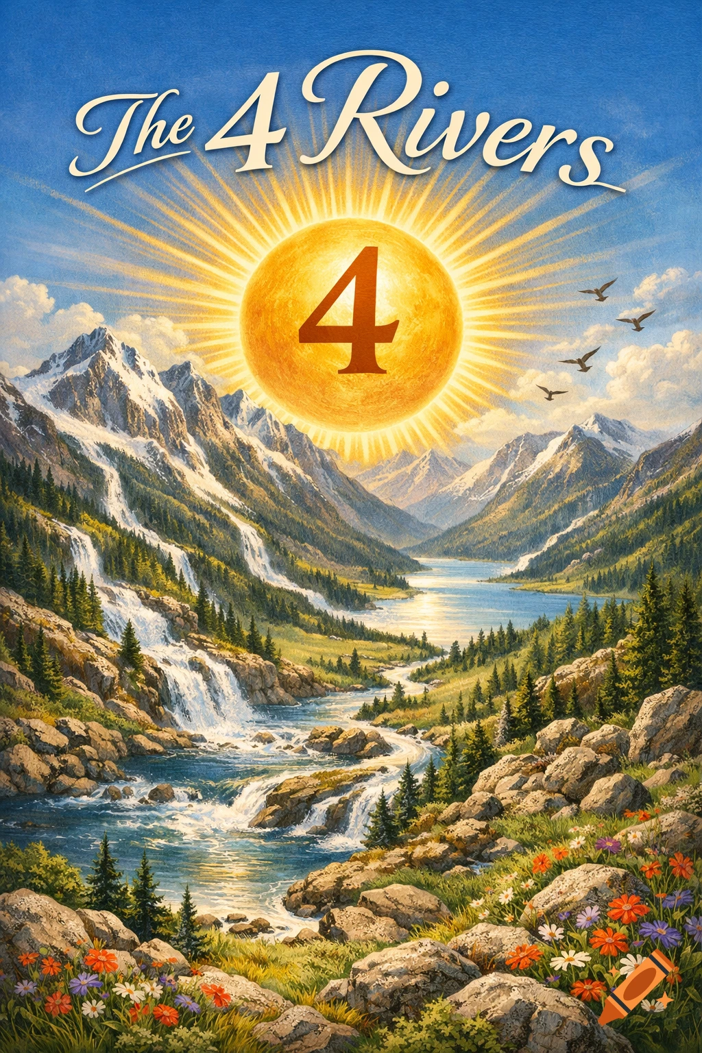 Vibrant painting of a mountain landscape with cascading rivers, a lake ...