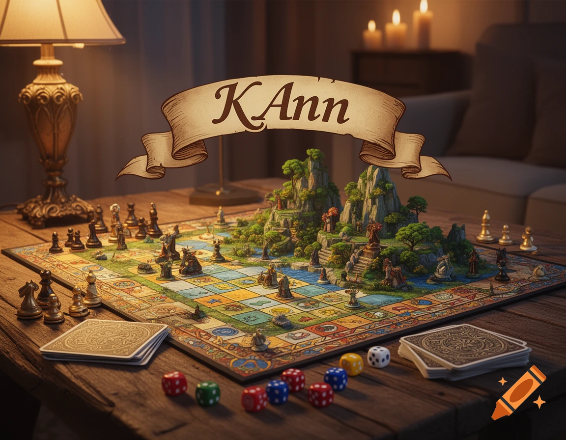 A fantasy board game with a detailed miniature landscape, game pieces, cards, and dice on a wooden table, illuminated by a lamp and candles. A banner with "KAnn" is above the board.