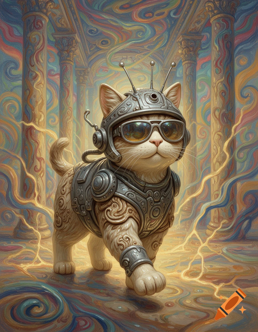 A fluffy cat in futuristic armor with sunglasses walks forward in a colorful, swirling expressionist hall with columns and crackling light.