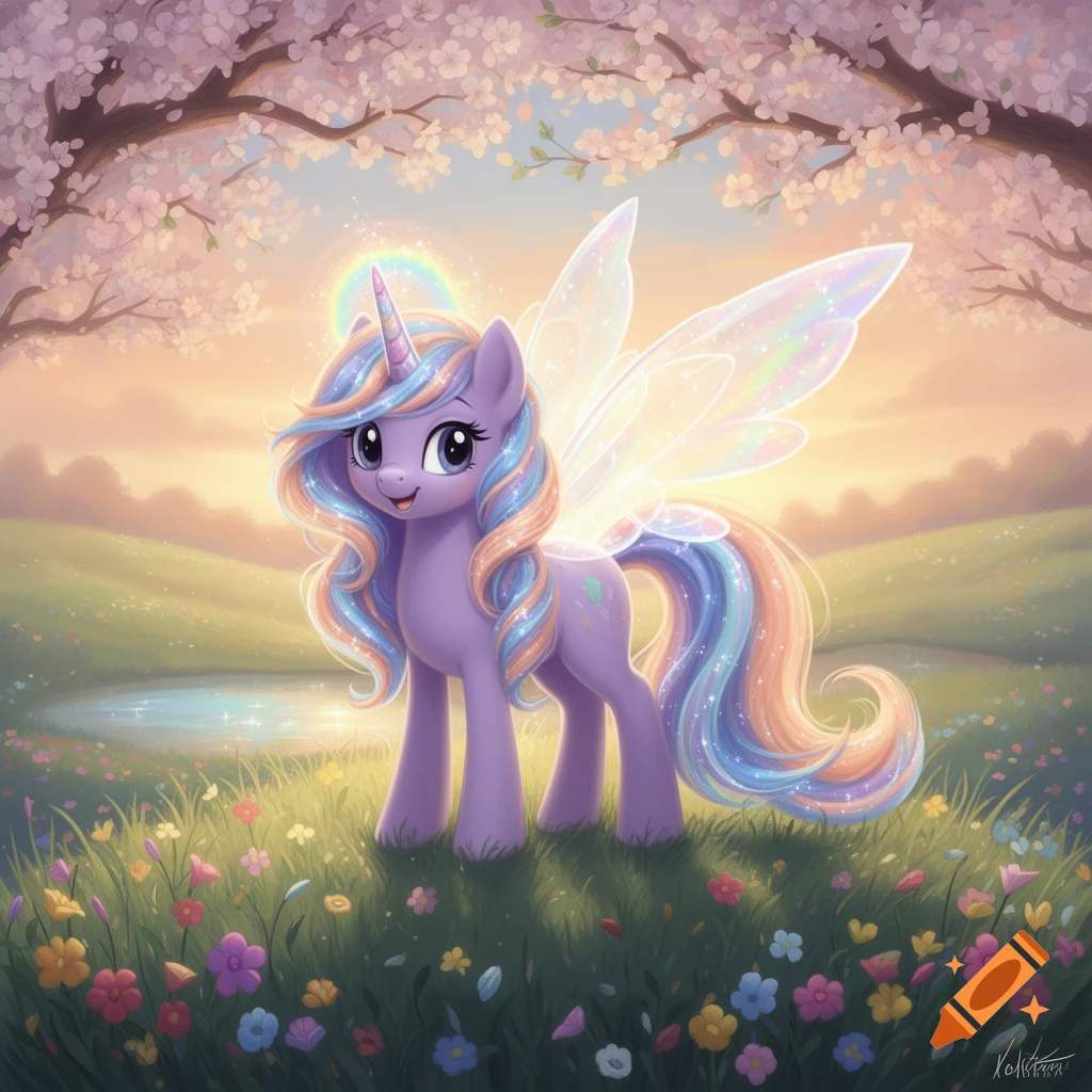 A cute purple unicorn with a rainbow mane, tail, and iridescent wings stands in a field of colorful flowers under cherry blossom trees at sunset.