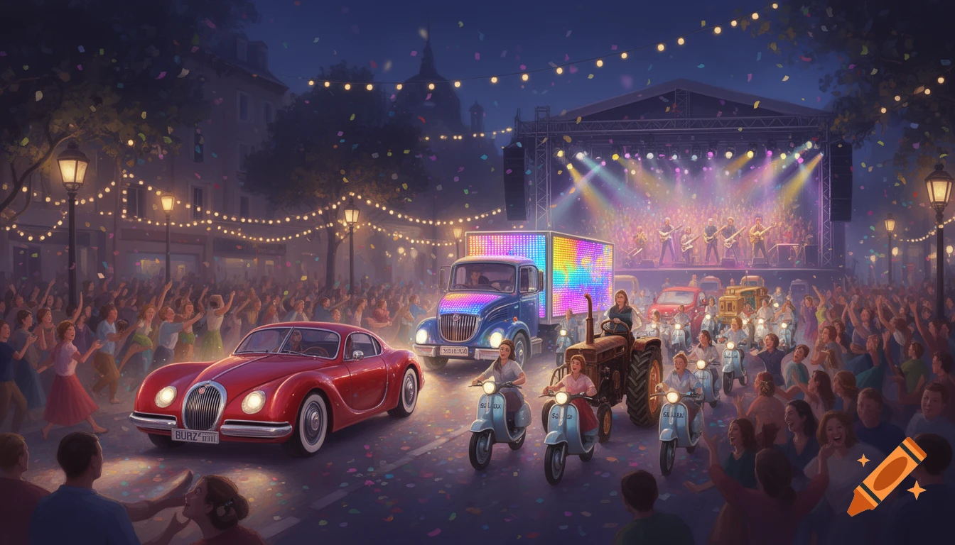A festive night parade with classic cars, a blue truck with a colorful LED screen, tractors, and scooters, surrounded by a cheering crowd with confetti, leading to a vibrant concert stage.