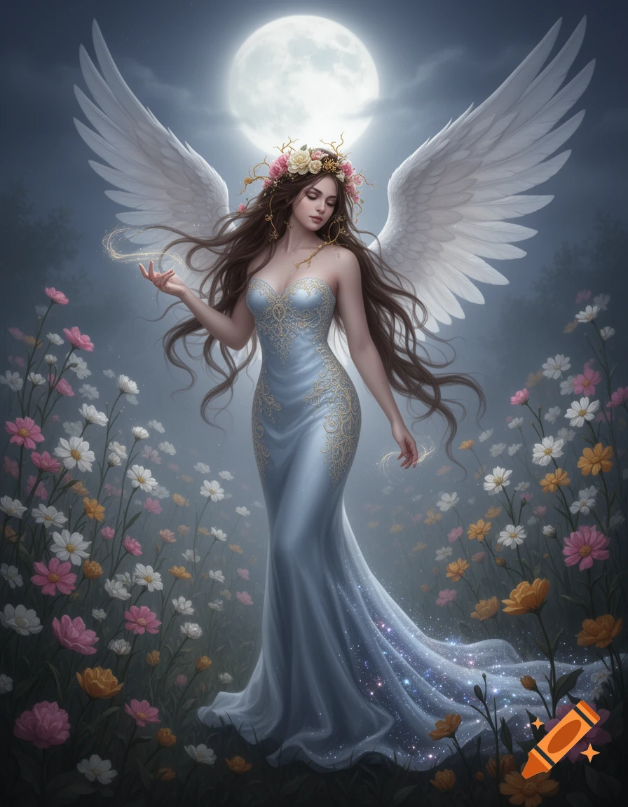 A celestial woman with large white wings, long brown hair adorned with flowers, wearing a shimmering blue gown, stands in a moonlit garden.