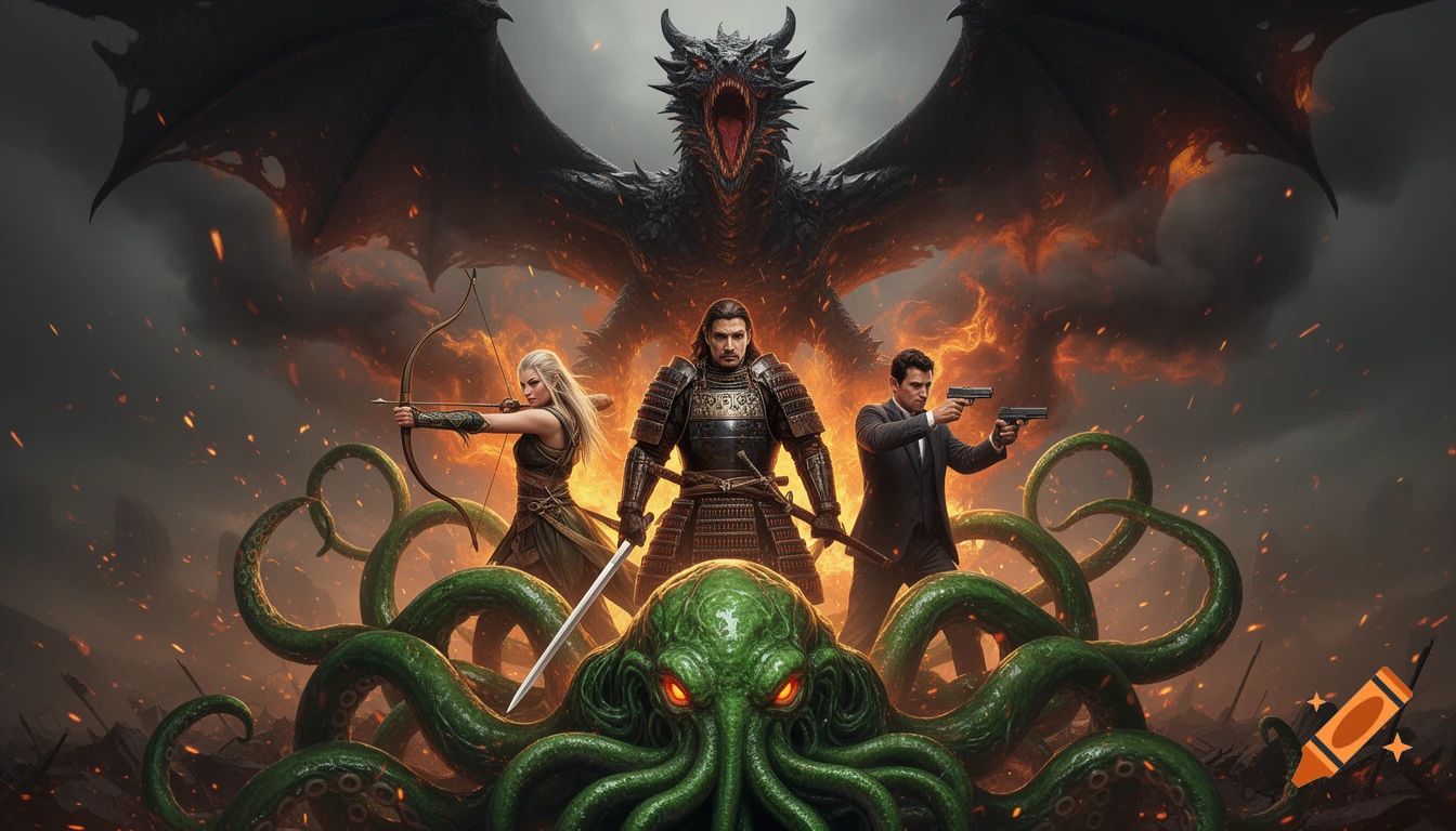 A dark fantasy RPG cover. An elf archer, a samurai, and a detective with pistols stand before a green Cthulhu-like monster. A black dragon roars in a fiery sky.