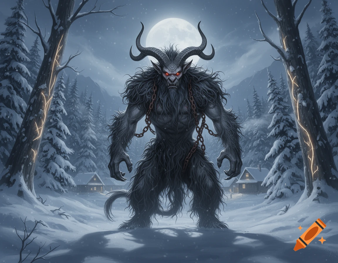 A menacing, furry Krampus with large horns and chains stands in a snowy forest under a full moon, with cabins in the background.