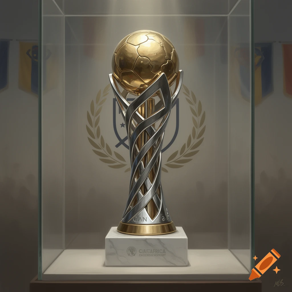 A gleaming gold and silver football trophy with a globe on top, displayed in a glass case with a blurred emblem in the background.