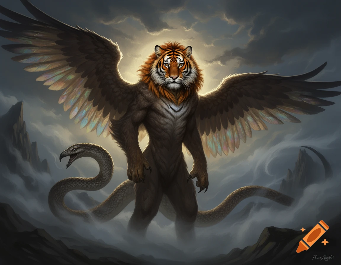 A majestic winged tiger-headed creature with a snake's body and tail stands in a misty, dark landscape under a dramatic sky with a glowing sun, digital art.