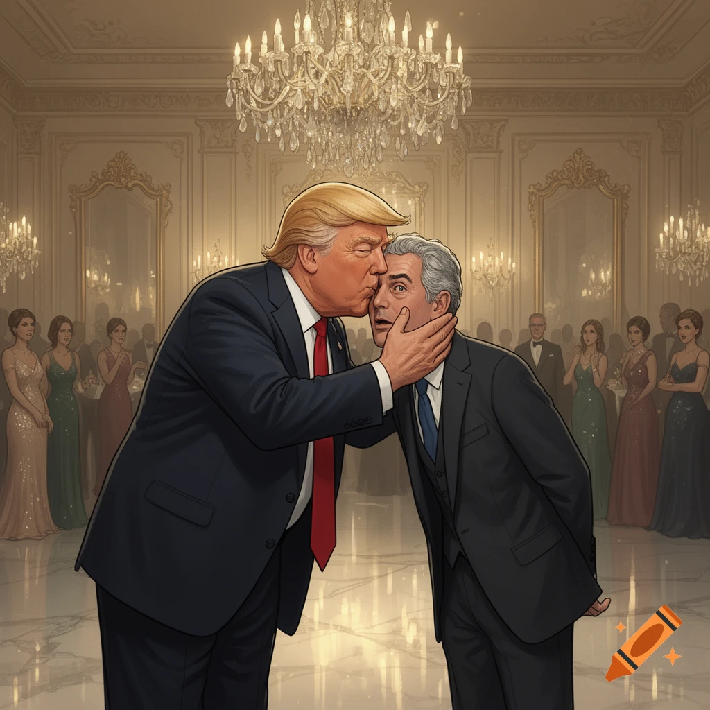A stylized caricature of Donald Trump, with orange skin and blond hair, leans in to kiss a man resembling Jeffrey Epstein on the forehead/cheek at a formal event.