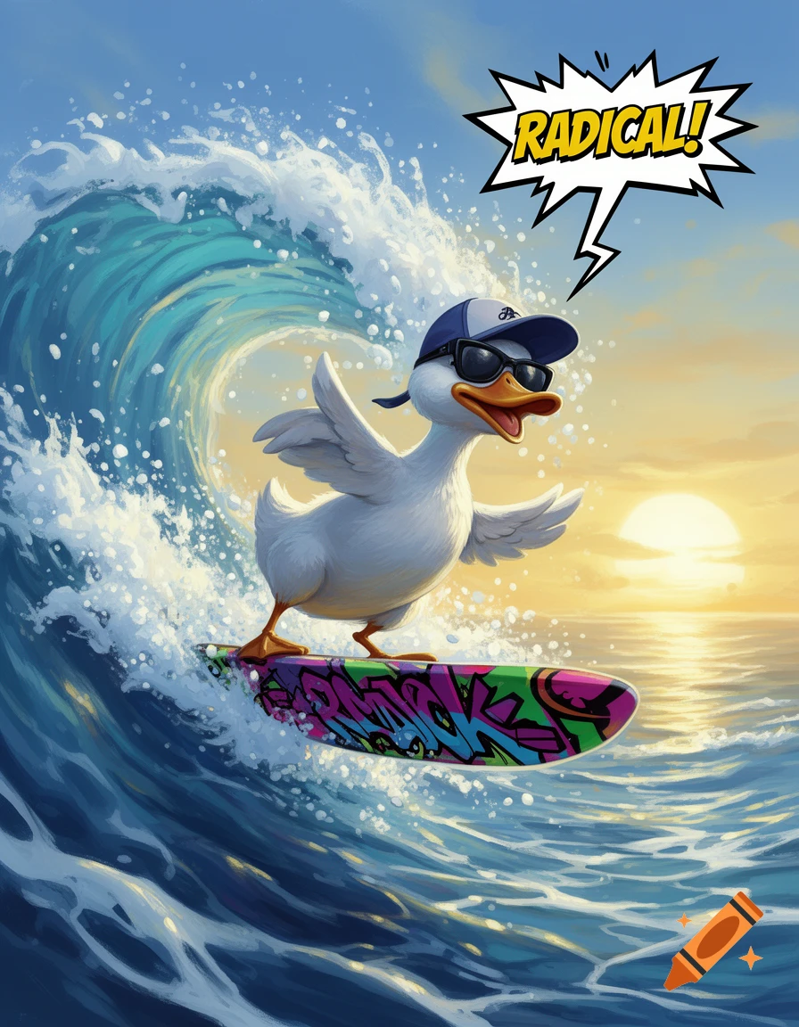 Cartoon duck in sunglasses and a hat surfs a large wave on a colorful surfboard at sunset, with a speech bubble saying "RADICAL!".