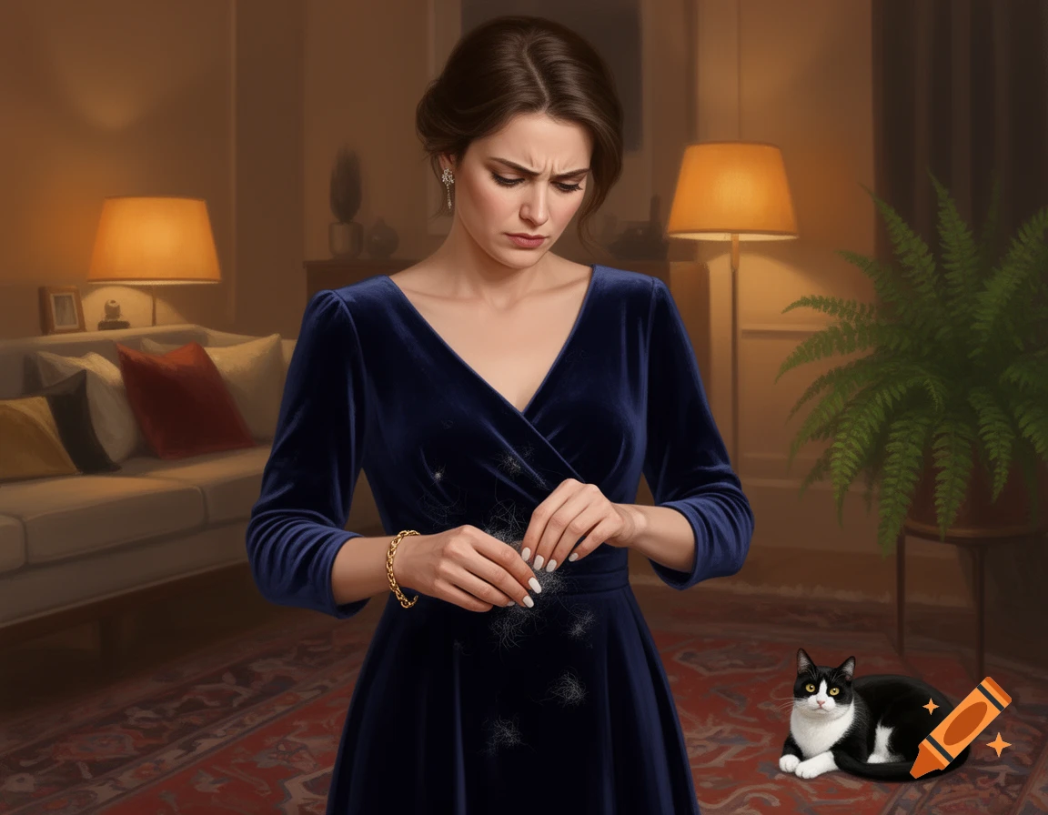 A woman in a blue velvet dress looks annoyed at pet hair on her chest, with a black and white cat on a rug in a living room.