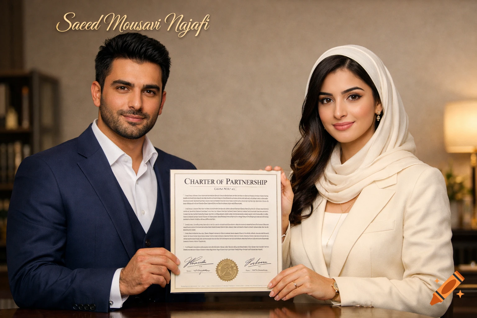 A man and a woman in formal attire hold up a 'Charter of Partnership' document. The man wears a navy suit, and the woman wears a cream suit and hijab.