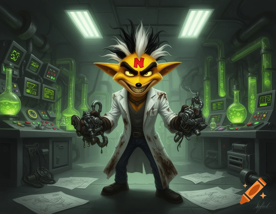 Dr. Neo Cortex-like cartoon scientist with an 'N' on his forehead stands menacingly in a green-lit lab, holding mechanical devices.