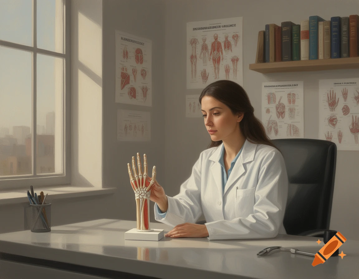 A female rheumatologist in a white lab coat examines a hand bone and muscle model at a desk in her office.