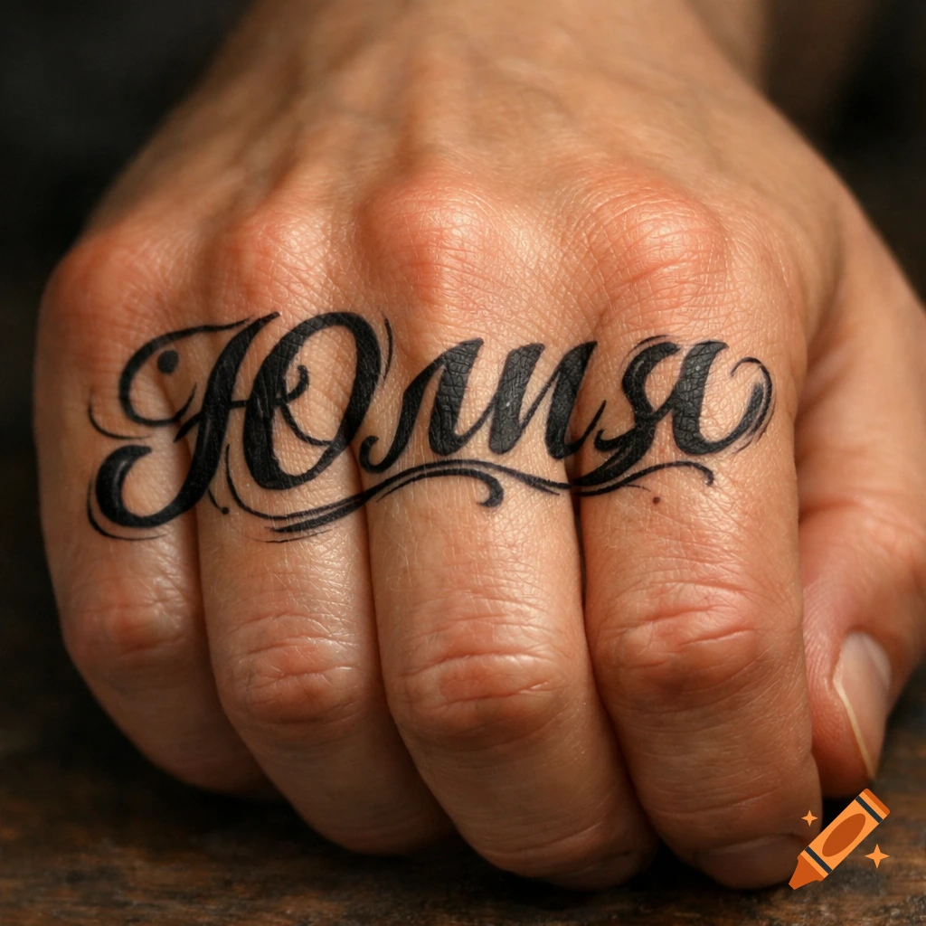 A close-up photorealistic image of a hand with the name "Yulia" tattooed in black script on the knuckles.