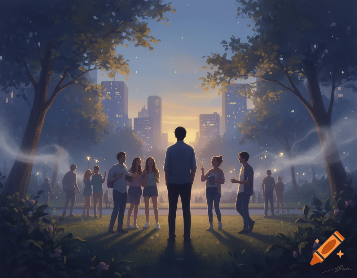 An illustrated view of a person with their back to the viewer, surrounded by friends in a park at dusk, with a city skyline in the background.