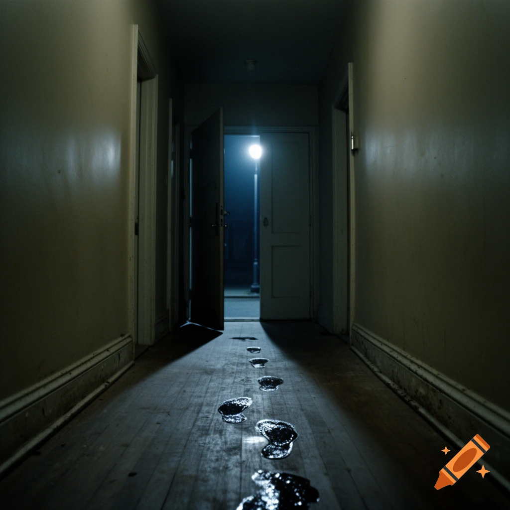 A low-angle view down a dark, narrow corridor with shiny wet footprints leading away from an ajar door that reveals a bright streetlamp.
