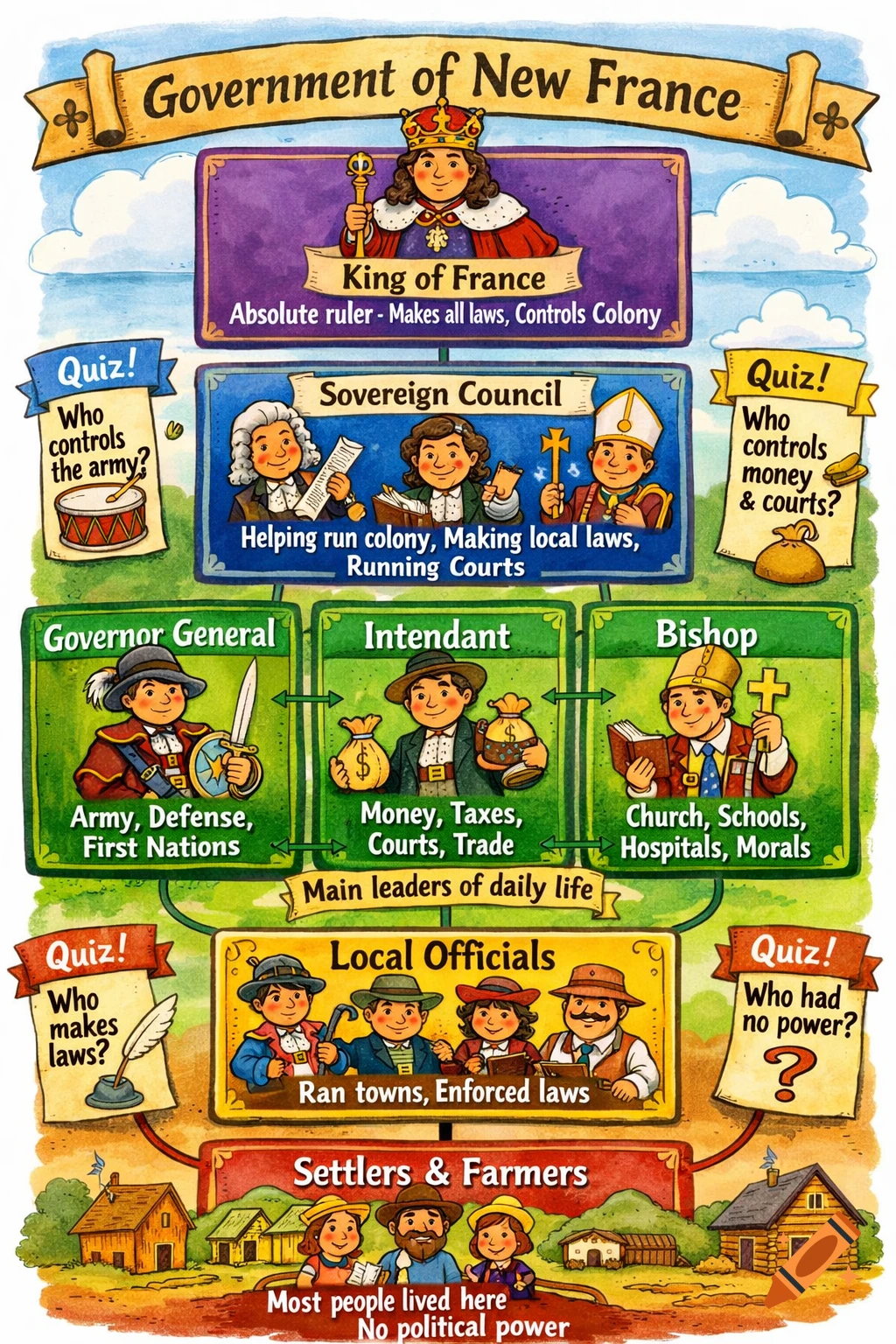 Hand-drawn hierarchy chart illustrating the Government of New France with cartoon figures representing various roles and their functions.