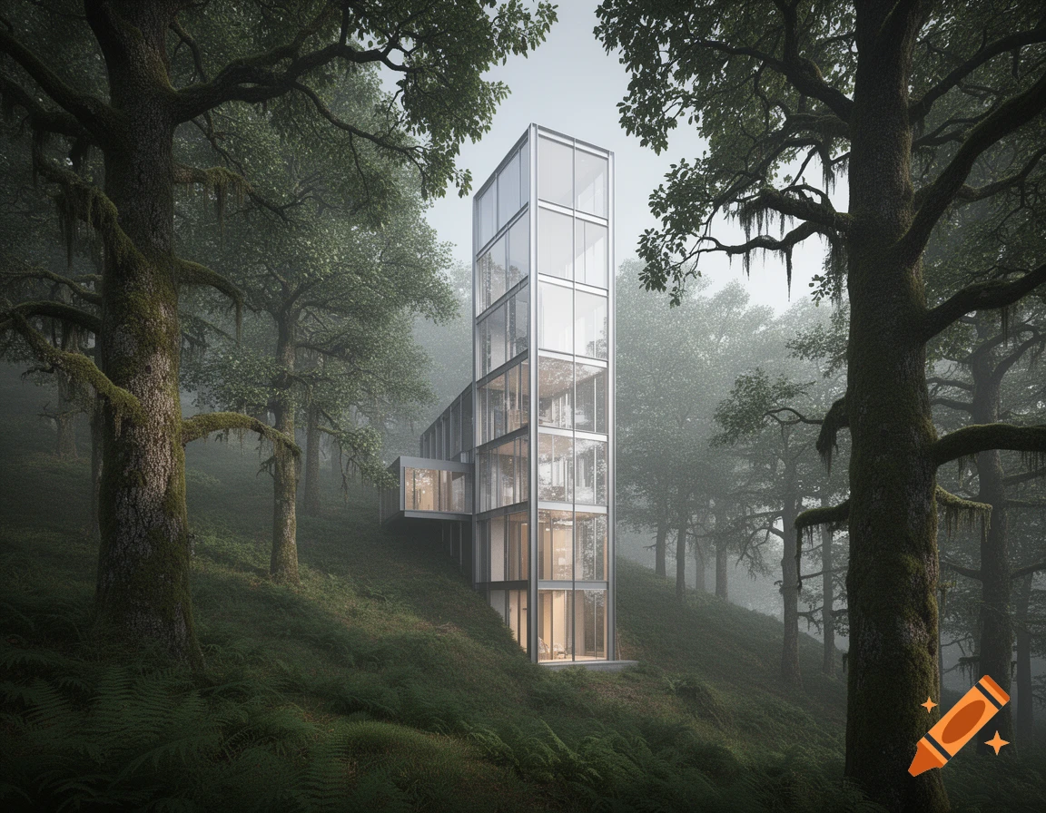 A tall, narrow modern glass skyscraper-like cabin on a steep, misty, fern-covered forest slope with large, mossy trees.