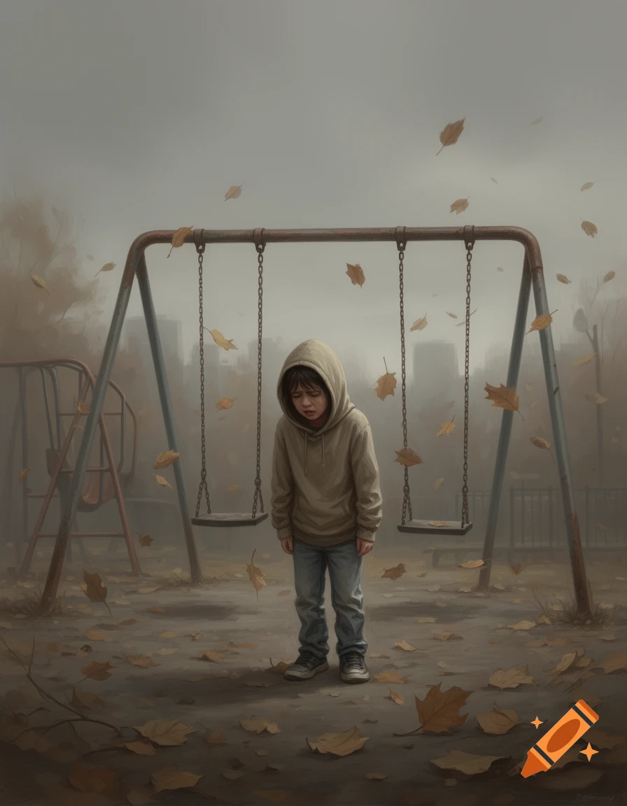 A sad child in a hoodie stands alone in a misty, leaf-strewn playground with empty swings, looking down.