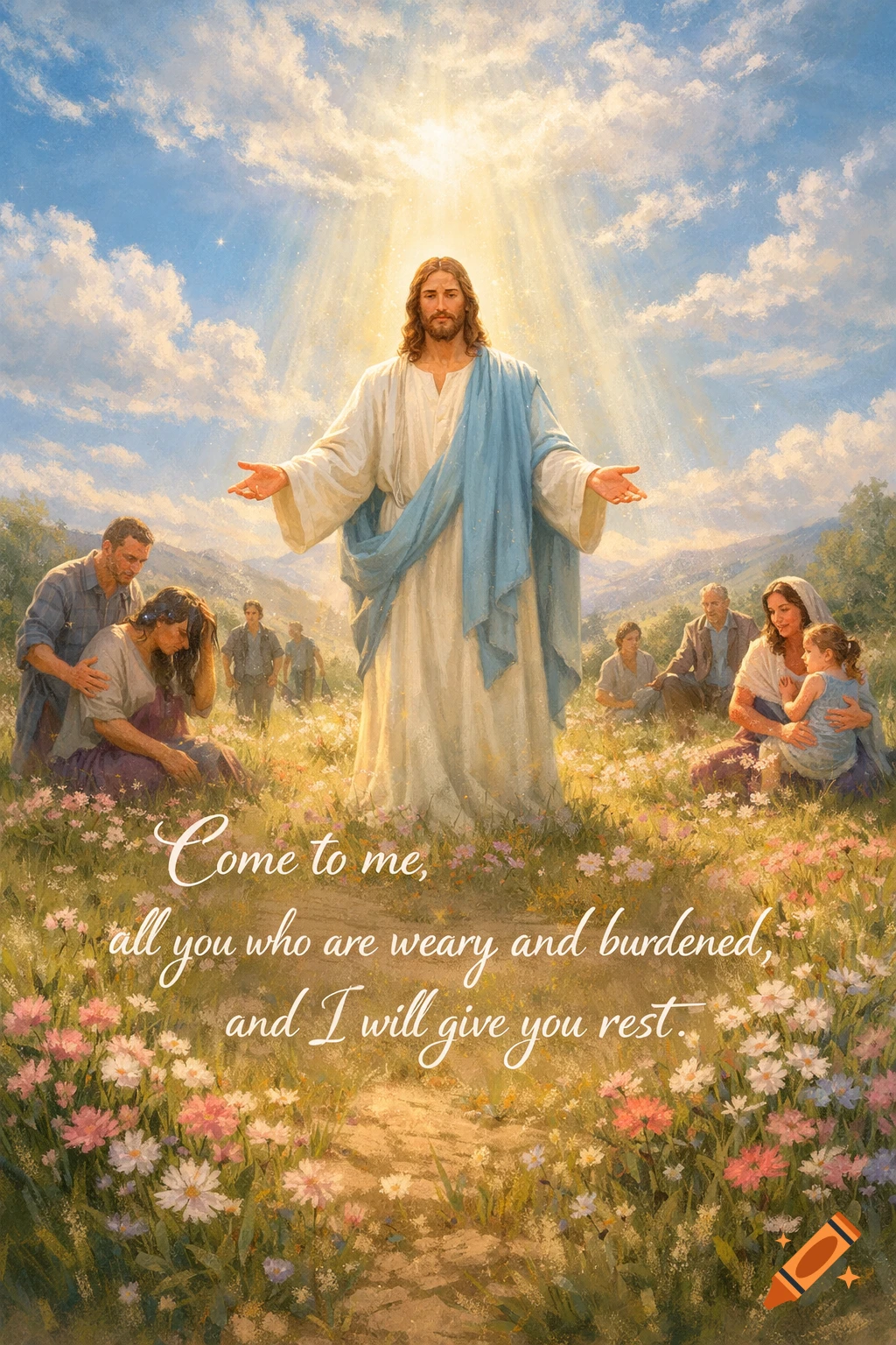 A radiant Jesus with open arms stands in a flowery field with people. Text: "Come to me, all you who are weary and burdened, and I will give you rest." Painterly style.