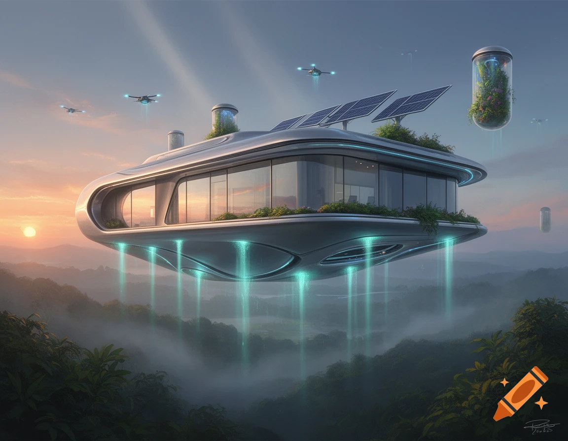 Sleek, futuristic floating house with solar panels and green plants hovers over a misty forest at sunset, with drones in the sky.