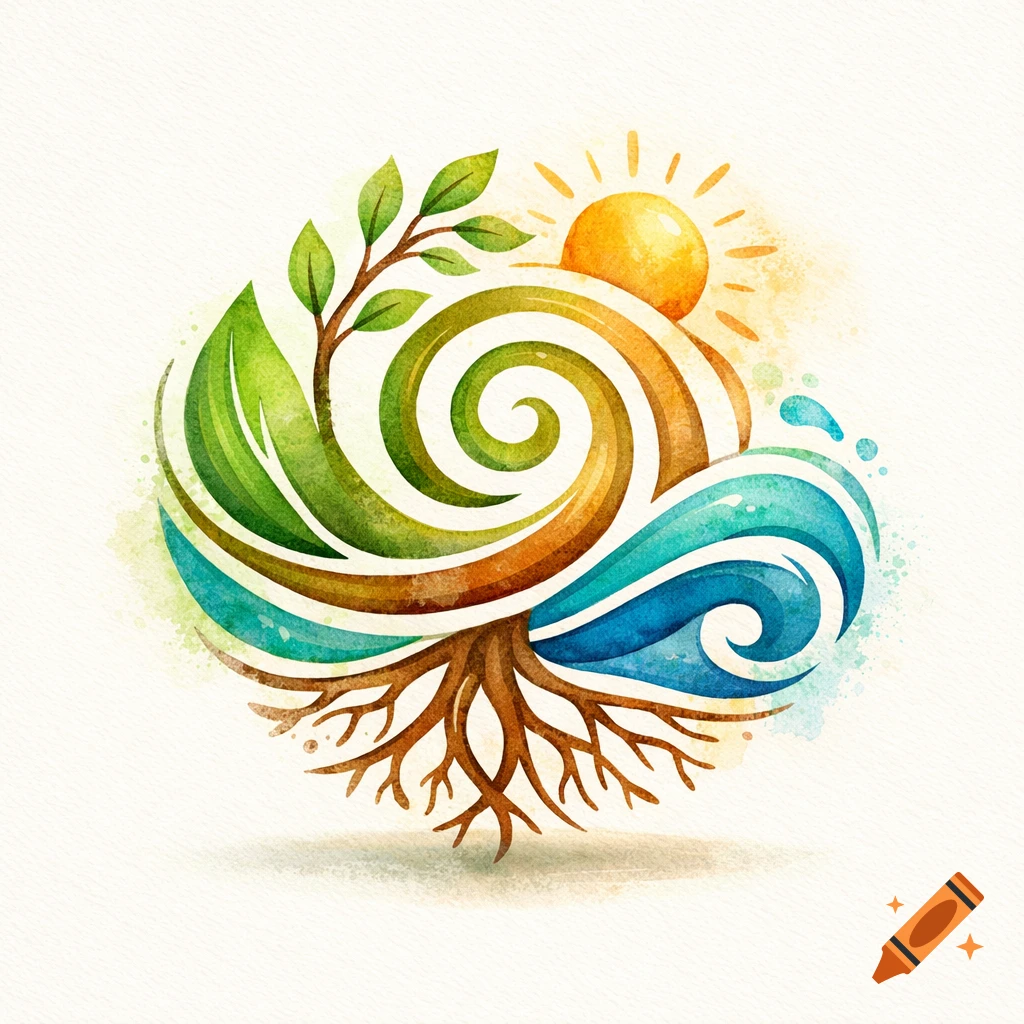 A watercolor logo depicting interconnected nature elements: a green plant, brown roots, swirling blue water, and a yellow sun.