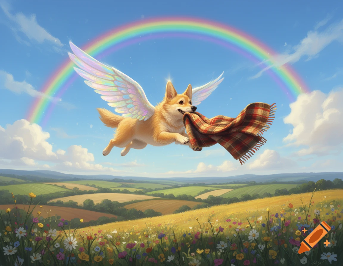 A whimsical, illustrated Corgi with rainbow wings flies, carrying a ...