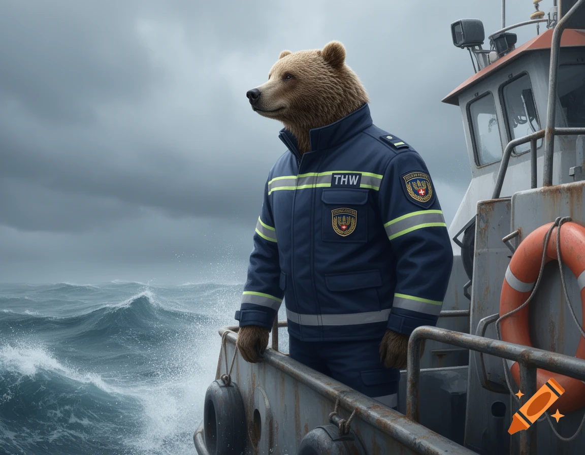 A photorealistic brown bear wearing a blue THW rescue uniform stands on a boat on rough seas under a cloudy sky.