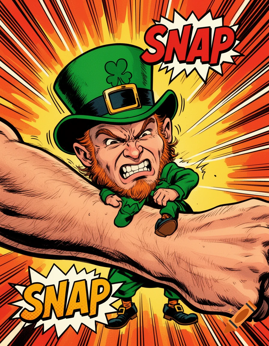 A comic book illustration of an angry leprechaun in a green suit and top hat biting a giant human arm, with "SNAP" sound effects.