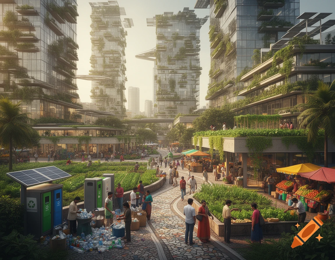 A vibrant, photorealistic view of a sustainable city with vertical gardens on skyscrapers, bustling markets, urban farms, and recycling stations.