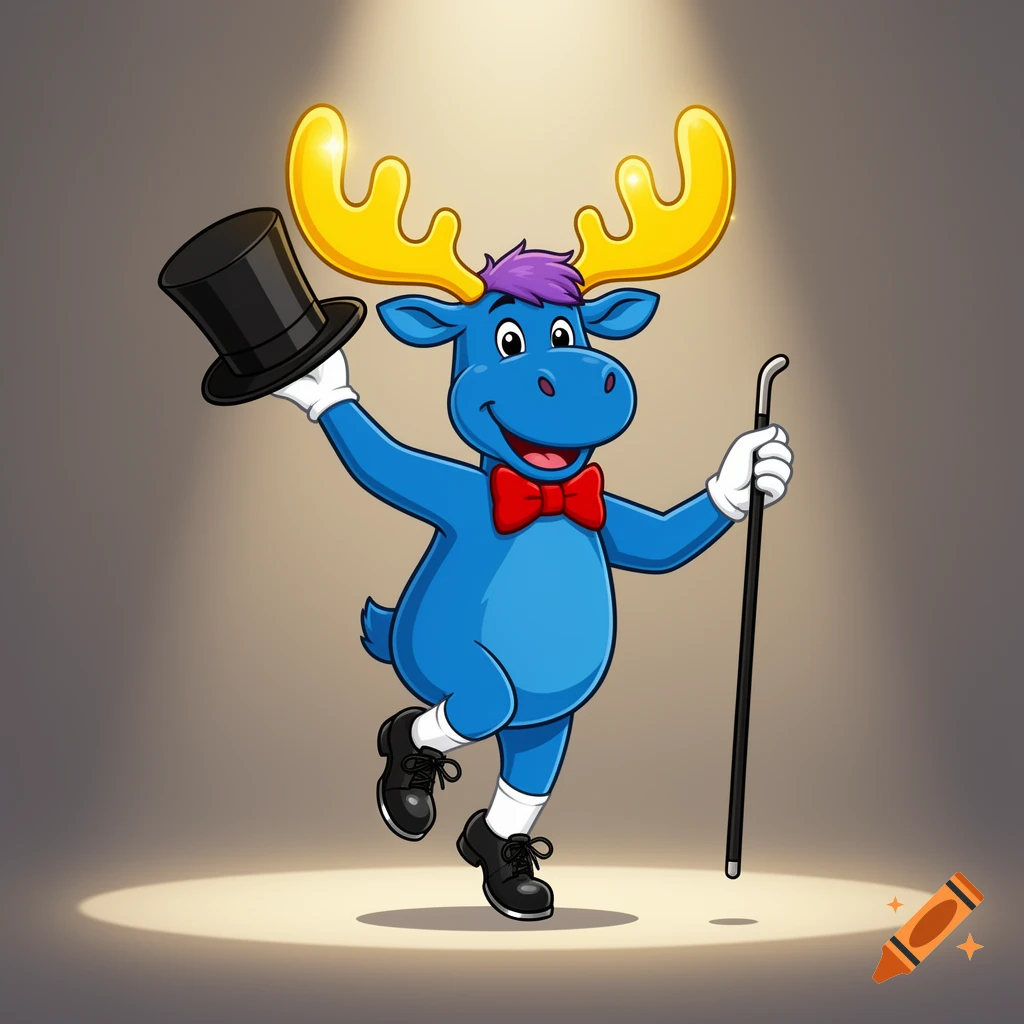 A friendly 2D blue cartoon moose with yellow antlers and purple hair, tap dancing under a spotlight while holding a top hat and cane.