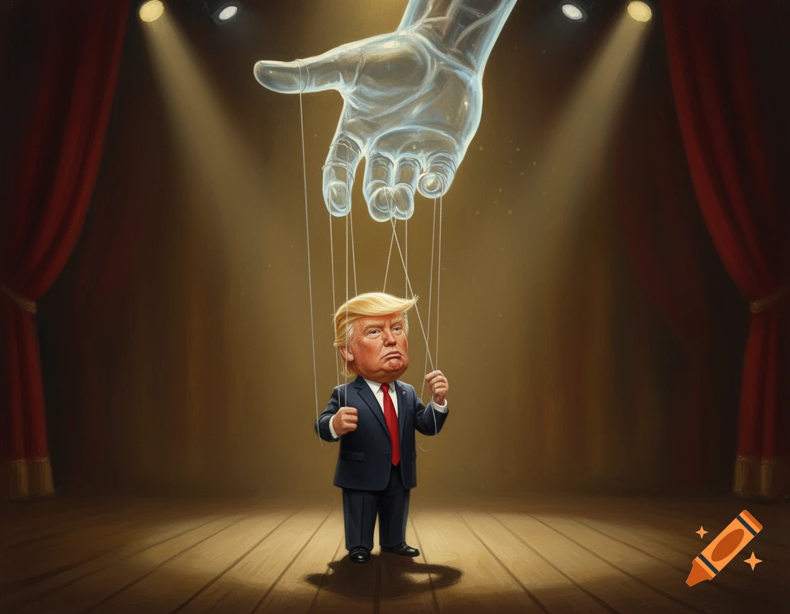 A caricature of Donald Trump as a puppet on a stage, controlled by a large, translucent hand from above.