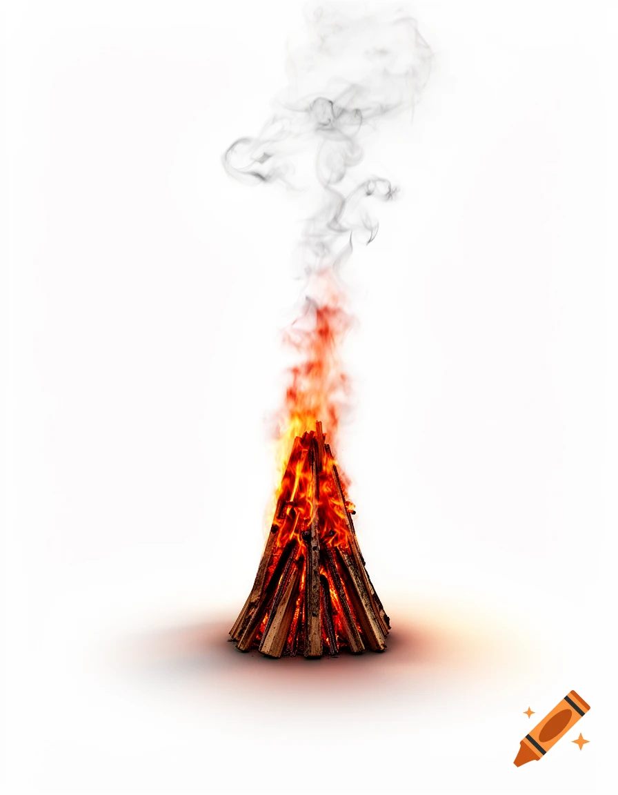 A tall bonfire with bright orange flames and swirling gray smoke, set against a stark white background.