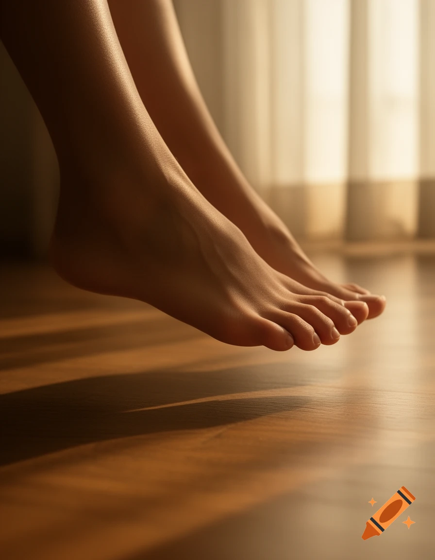 A close-up, photorealistic view of two bare feet hovering above a wooden floor, with warm sunlight and shadows.