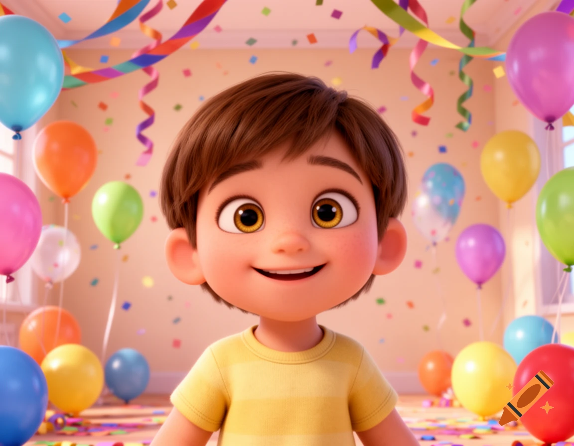 A happy cartoon boy with brown hair and hazel eyes smiles at a colorful birthday party with balloons and confetti.